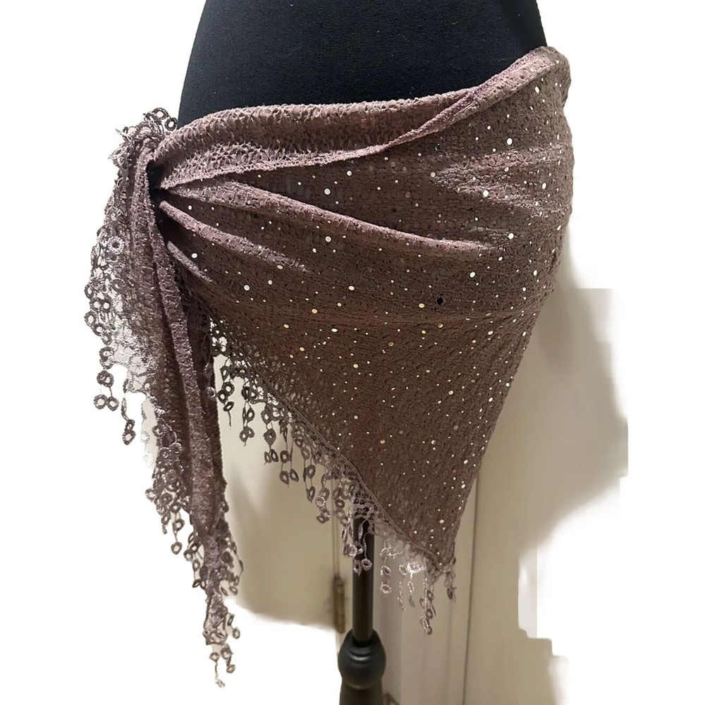 Sequence Embroidered Fringe Swim Sarong / Wrap Mauve Color Stretch Fabric